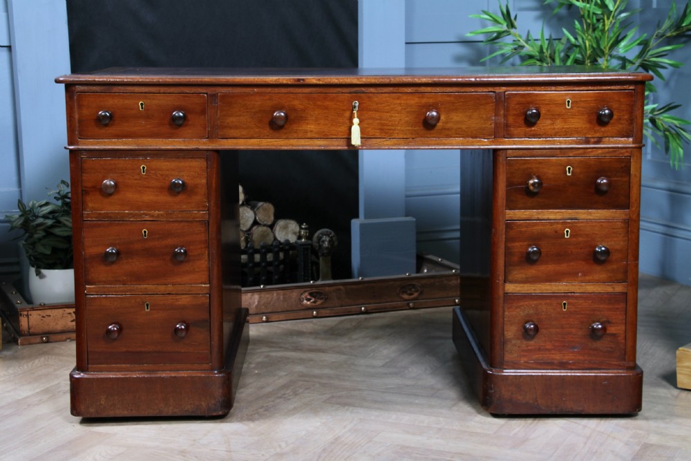 Antique Victorian Curved Front Mahogany 9 Drawer Twin Pedestal Leather Top Writing Desk 1870 View VI