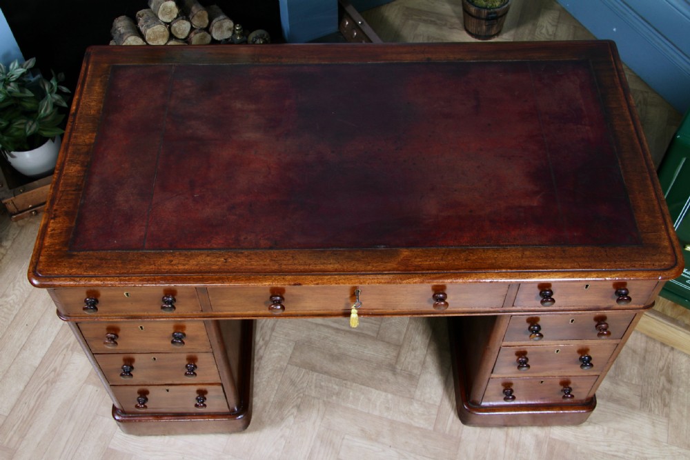 Antique Victorian Curved Front Mahogany 9 Drawer Twin Pedestal Leather Top Writing Desk 1870 View VIII