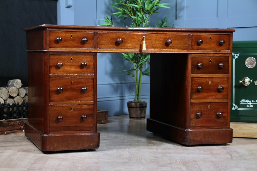 Antique Victorian Curved Front Mahogany 9 Drawer Twin Pedestal Leather Top Writing Desk 1870 View IX
