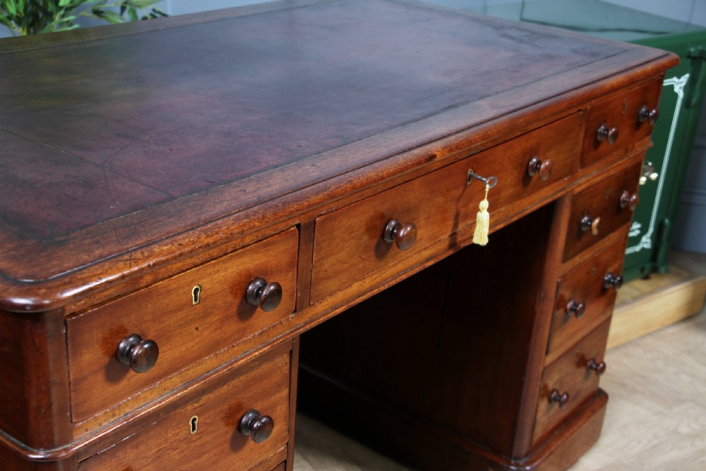 Antique Victorian Curved Front Mahogany 9 Drawer Twin Pedestal Leather Top Writing Desk 1870 View XV