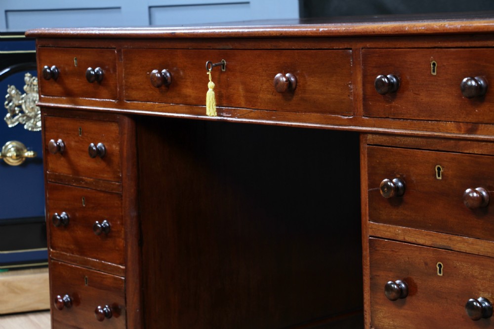 Antique Victorian Curved Front Mahogany 9 Drawer Twin Pedestal Leather Top Writing Desk 1870 View XVI