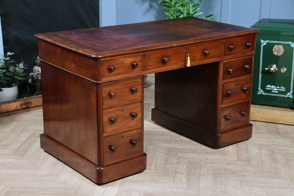 Antique Victorian Curved Front Mahogany 9 Drawer Twin Pedestal Leather Top Writing Desk 1870 View XVIII