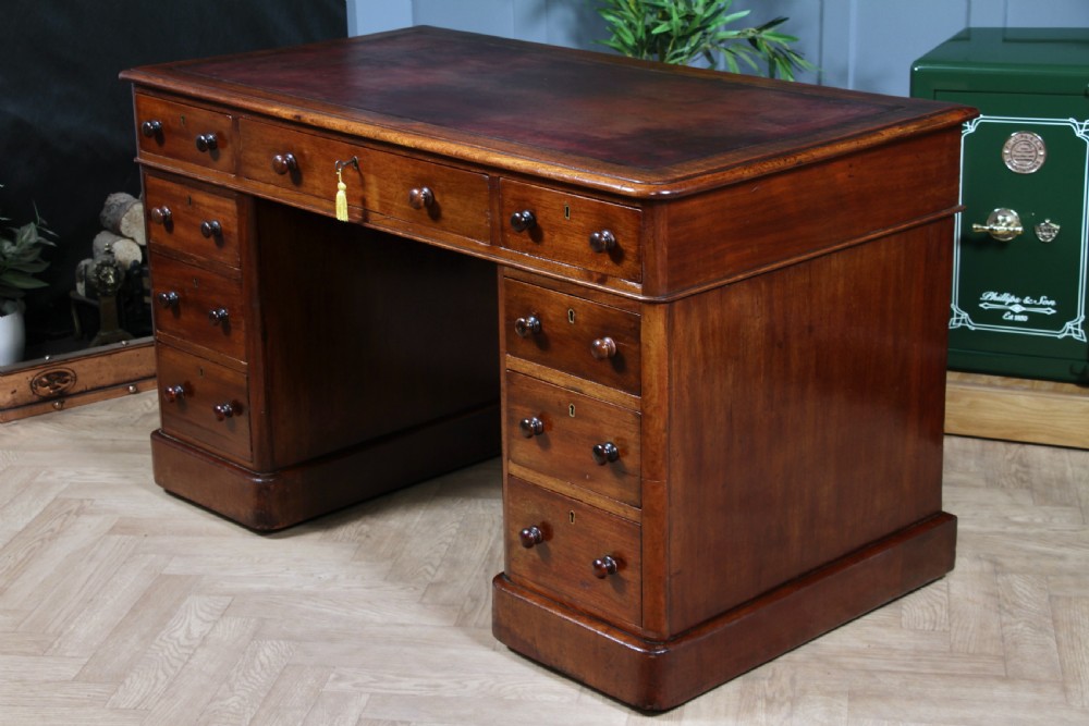 Antique Victorian Curved Front Mahogany 9 Drawer Twin Pedestal Leather Top Writing Desk 1870 View XIX
