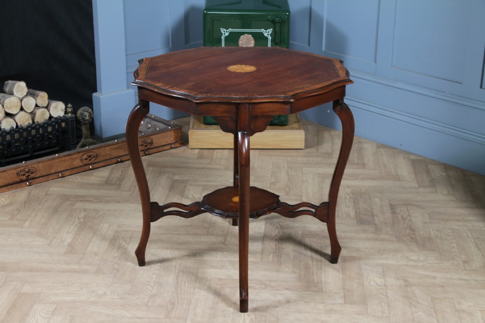 Antique Edwardian Mahogany Inlaid Octagonal Occasional Hall Lamp Table View XI