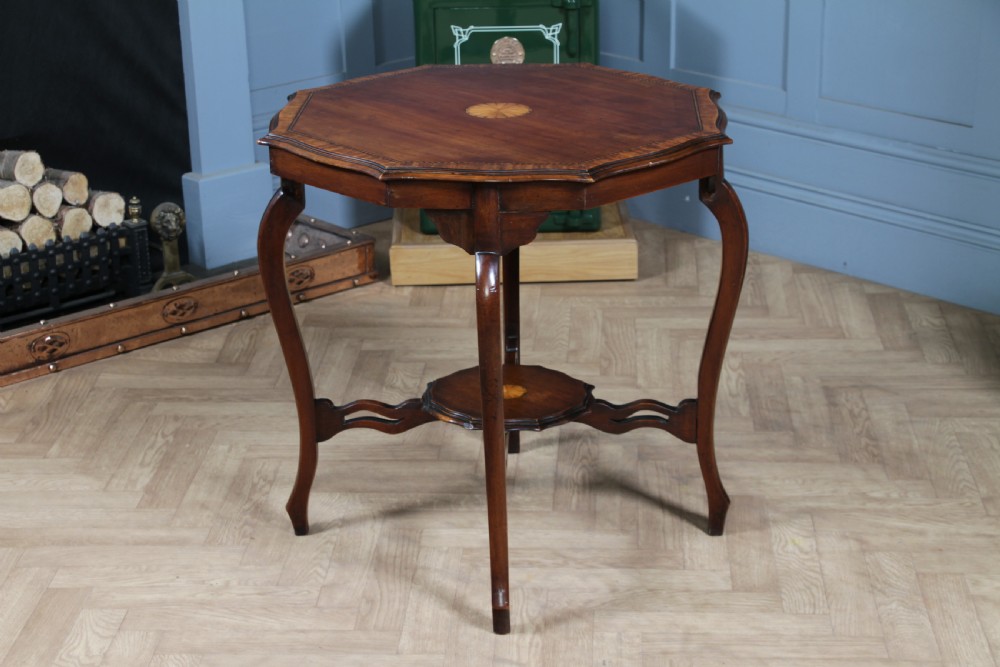 Antique Edwardian Mahogany Inlaid Octagonal Occasional Hall Lamp Table View XII