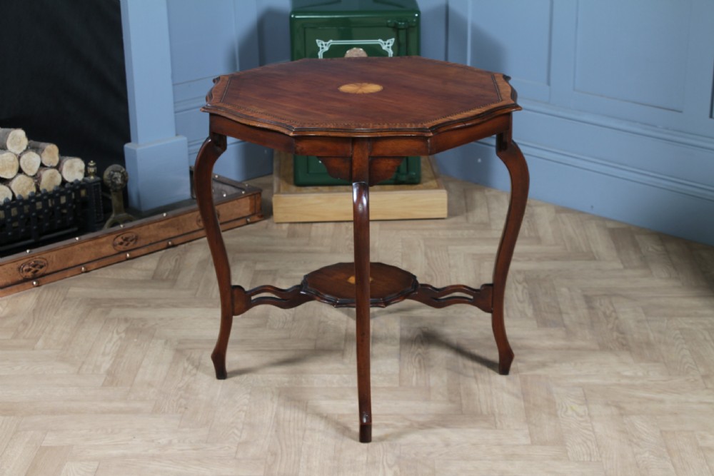 Antique Edwardian Mahogany Inlaid Octagonal Occasional Hall Lamp Table View XIV