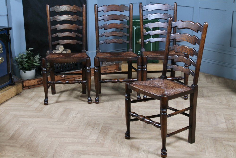 Titchmarsh & Goodwin Set of 4 Ladder Back Solid Oak Rush Seated Dining Chairs View II