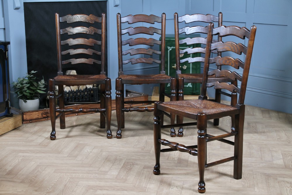 Titchmarsh & Goodwin Set of 4 Ladder Back Solid Oak Rush Seated Dining Chairs View III