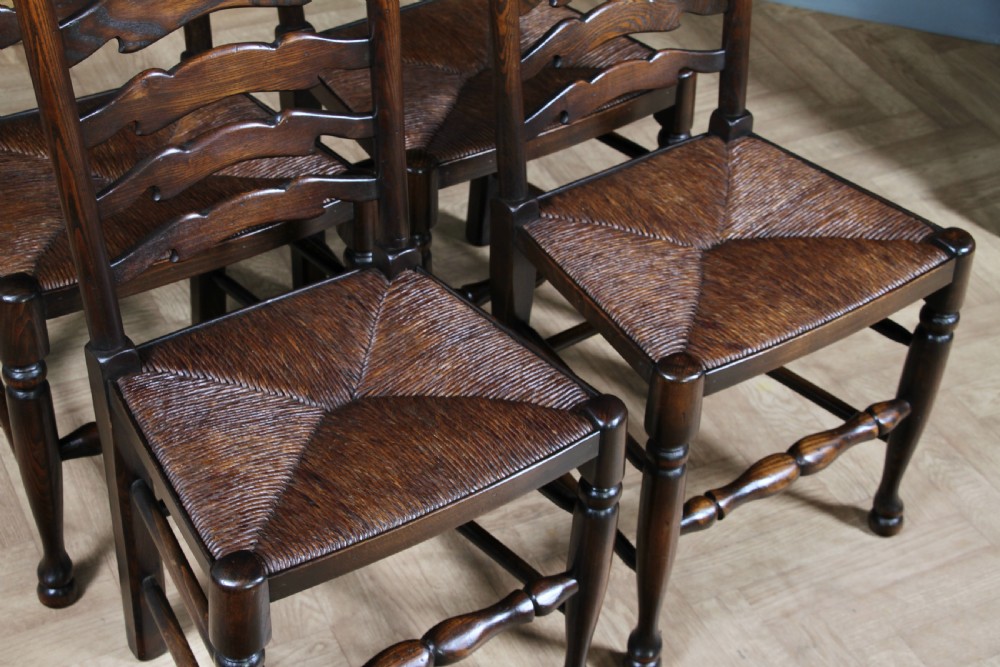 Titchmarsh & Goodwin Set of 4 Ladder Back Solid Oak Rush Seated Dining Chairs View V