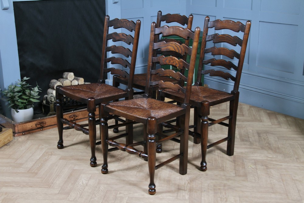 Titchmarsh & Goodwin Set of 4 Ladder Back Solid Oak Rush Seated Dining Chairs View XV