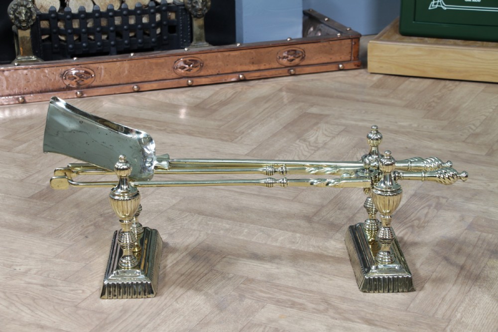 Antique Original Late Victorian Polished Brass Fire Companion Set & Dogs Andirons