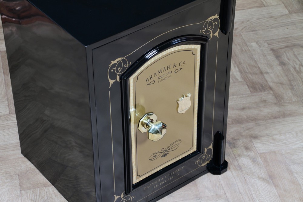 Antique Bramah & Co Black & Gilded Luxury Fireproof Safe Fully Restored Vintage View VI