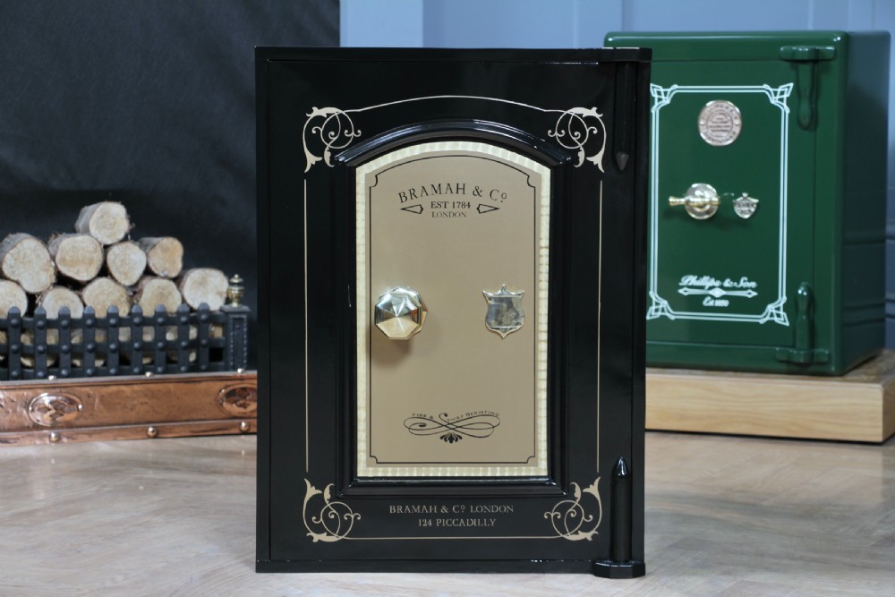 Antique Bramah & Co Black & Gilded Luxury Fireproof Safe Fully Restored Vintage View VII