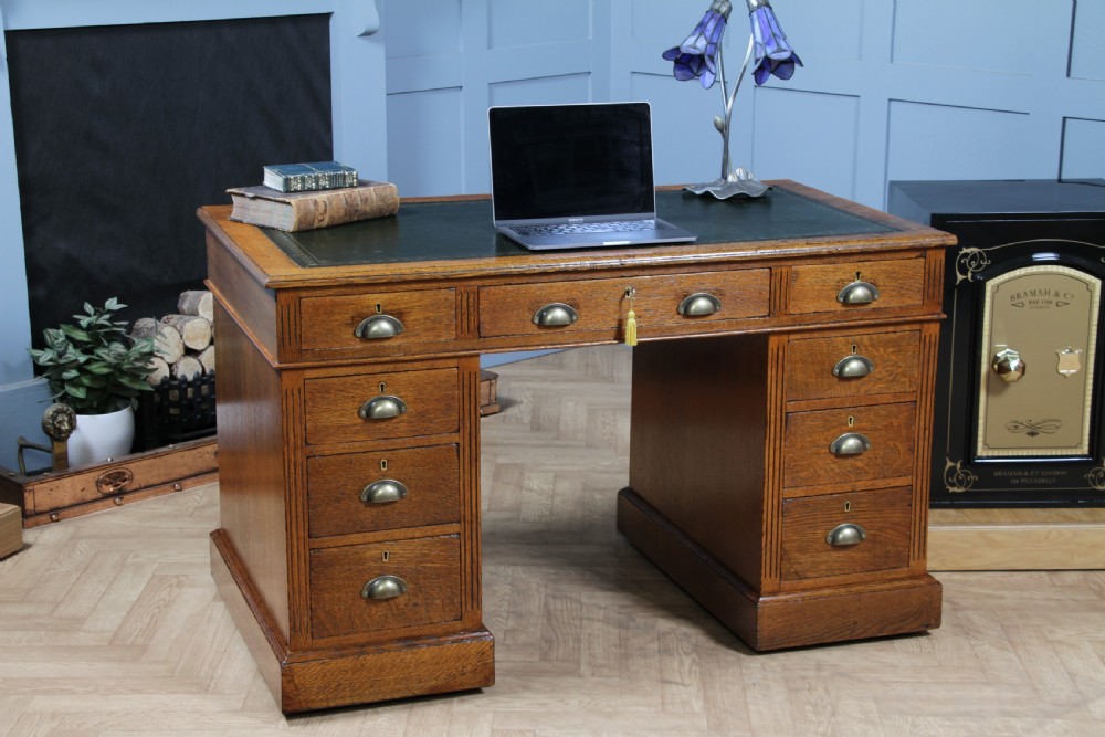 Antique Victorian Medium Oak 9 Drawer Twin Pedestal Leather Top Writing Desk With Key View II