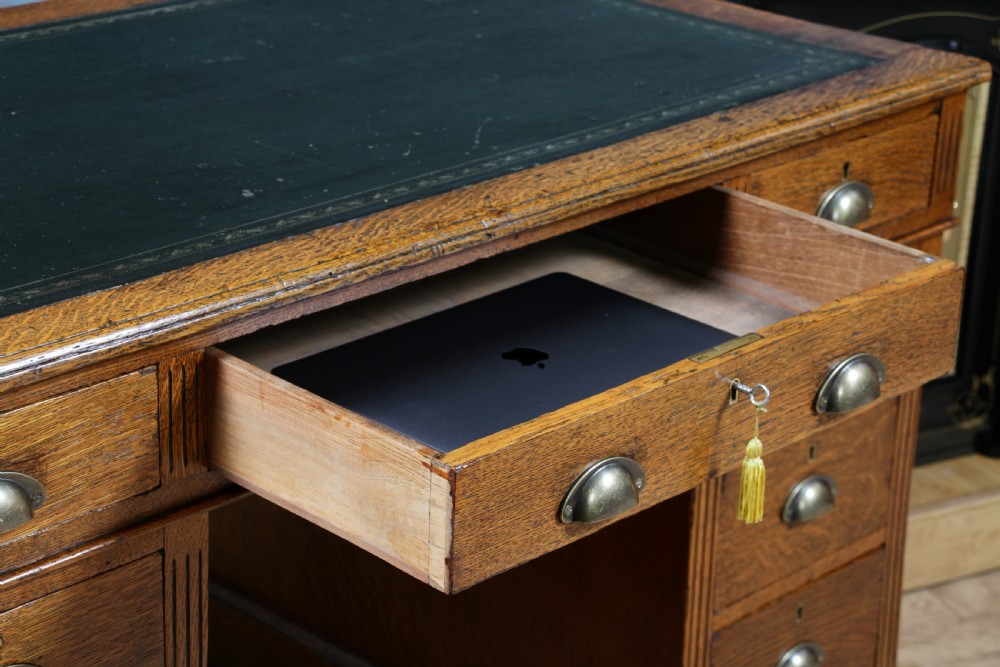Antique Victorian Medium Oak 9 Drawer Twin Pedestal Leather Top Writing Desk With Key View IV