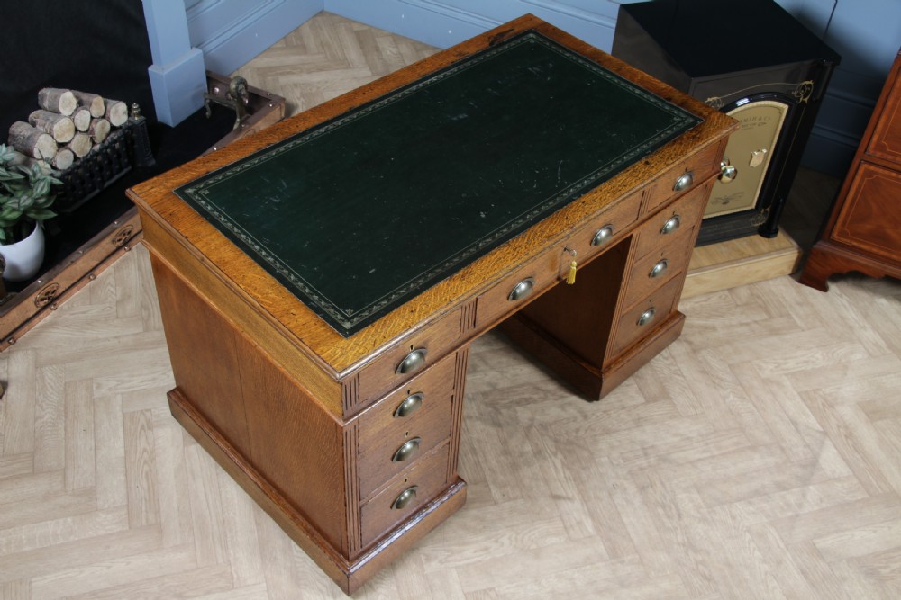 Antique Victorian Medium Oak 9 Drawer Twin Pedestal Leather Top Writing Desk With Key View V