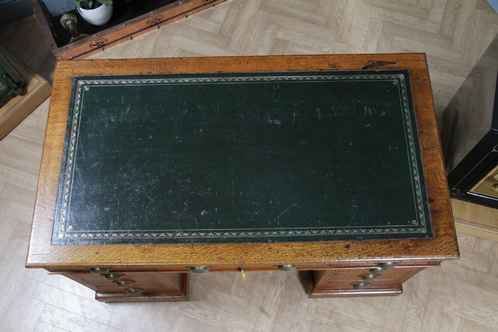 Antique Victorian Medium Oak 9 Drawer Twin Pedestal Leather Top Writing Desk With Key View VI