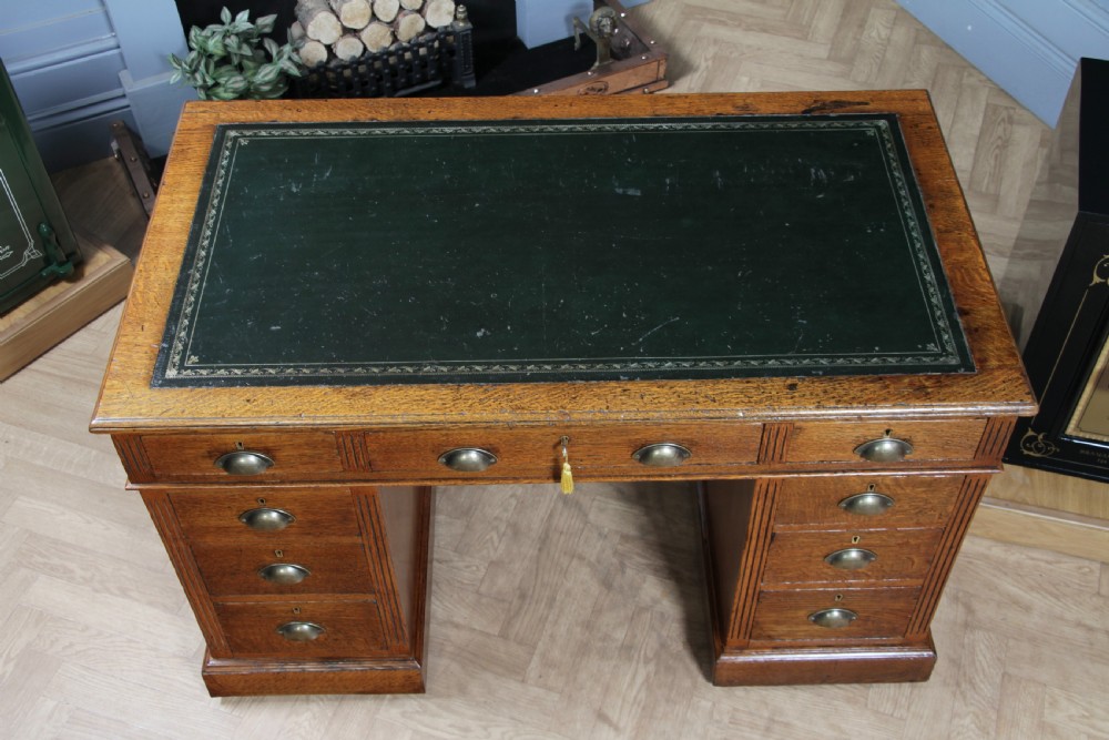 Antique Victorian Medium Oak 9 Drawer Twin Pedestal Leather Top Writing Desk With Key View VII