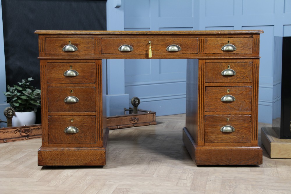 Antique Victorian Medium Oak 9 Drawer Twin Pedestal Leather Top Writing Desk With Key View VIII