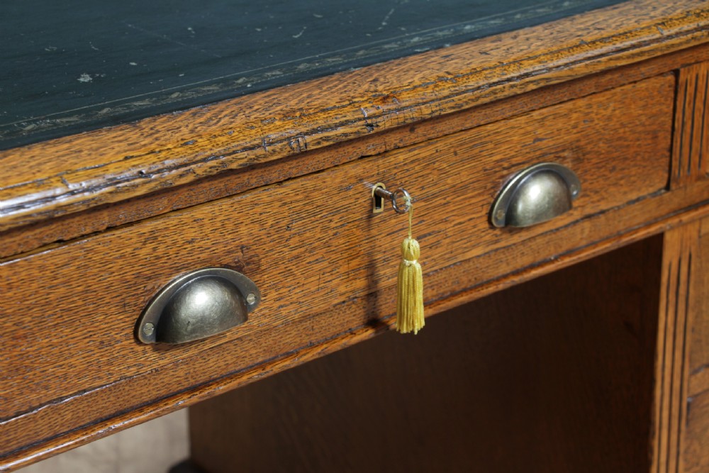 Antique Victorian Medium Oak 9 Drawer Twin Pedestal Leather Top Writing Desk With Key View XI