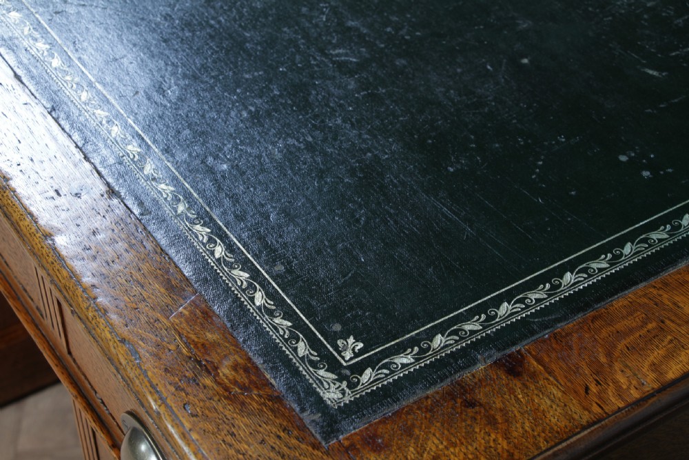 Antique Victorian Medium Oak 9 Drawer Twin Pedestal Leather Top Writing Desk With Key View XIII