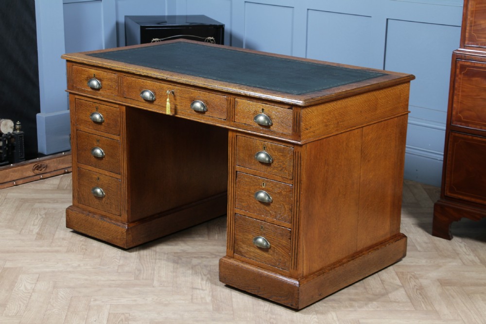 Antique Victorian Medium Oak 9 Drawer Twin Pedestal Leather Top Writing Desk With Key View XVI