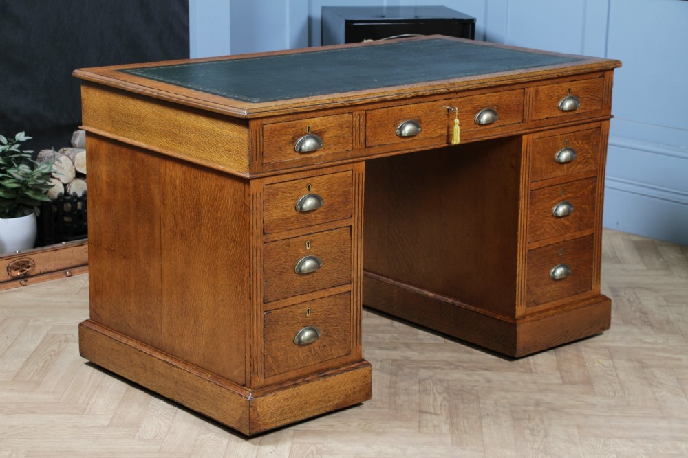 Antique Victorian Medium Oak 9 Drawer Twin Pedestal Leather Top Writing Desk With Key View XVII