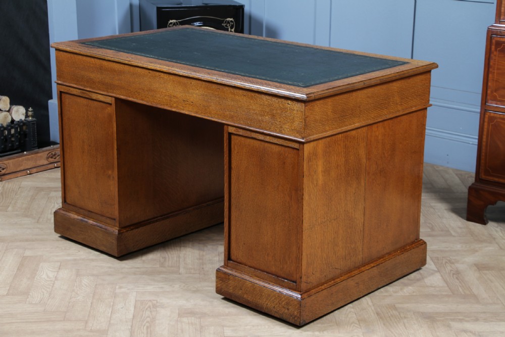 Antique Victorian Medium Oak 9 Drawer Twin Pedestal Leather Top Writing Desk With Key View XVIII