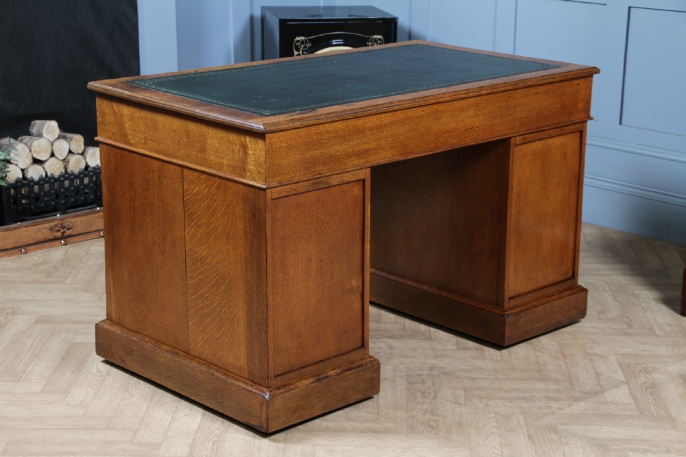 Antique Victorian Medium Oak 9 Drawer Twin Pedestal Leather Top Writing Desk With Key View XIX