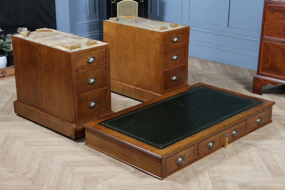 Antique Victorian Medium Oak 9 Drawer Twin Pedestal Leather Top Writing Desk With Key View XX