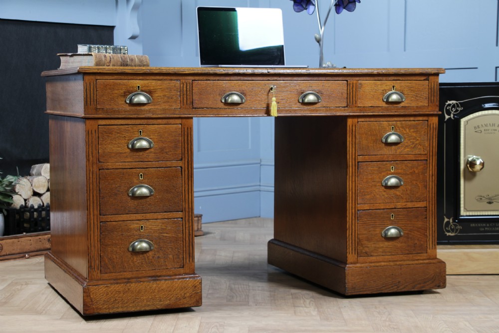 Antique Victorian Medium Oak 9 Drawer Twin Pedestal Leather Top Writing Desk With Key View XXI