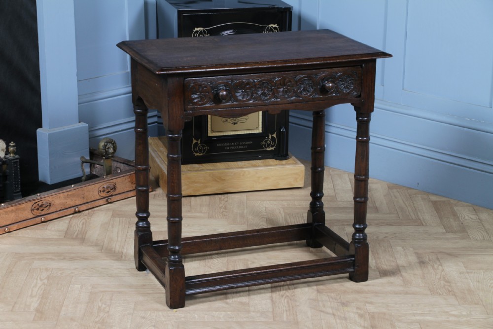 Antique 19th Century Solid Oak Jacobean Revival Side Hall Table Carved W/ Drawer