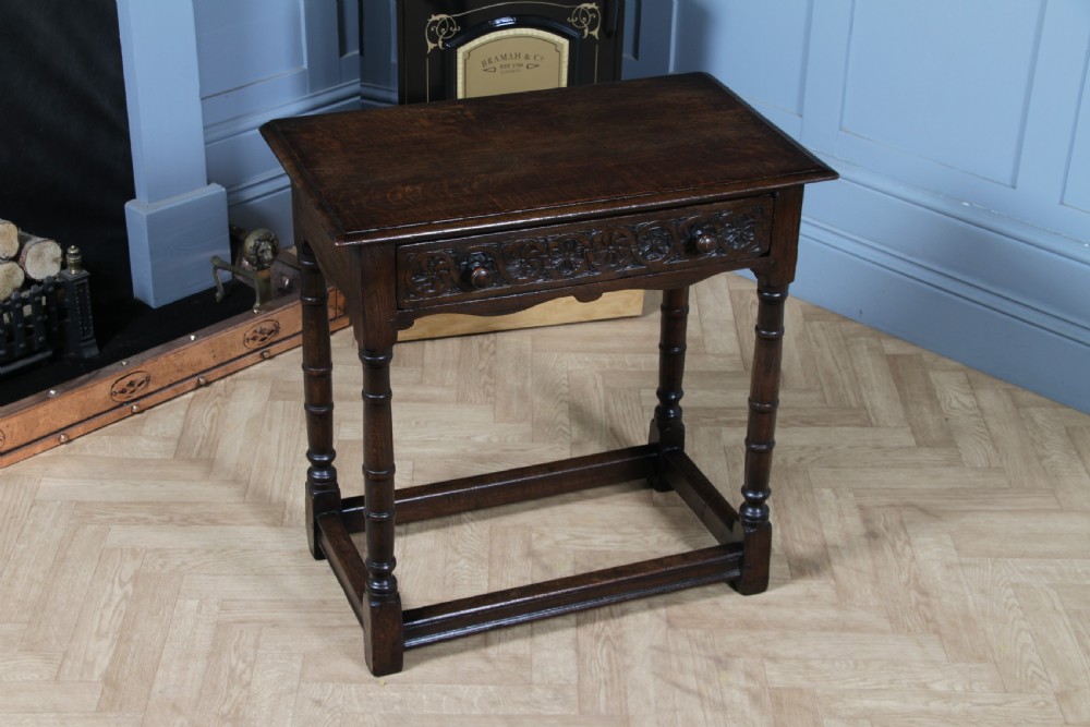Antique 19th Century Solid Oak Jacobean Revival Side Hall Table Carved W/ Drawer View II
