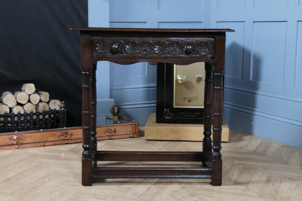Antique 19th Century Solid Oak Jacobean Revival Side Hall Table Carved W/ Drawer View III