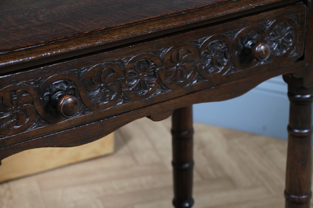 Antique 19th Century Solid Oak Jacobean Revival Side Hall Table Carved W/ Drawer View IV