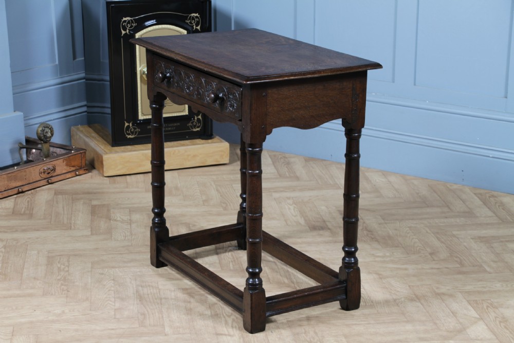 Antique 19th Century Solid Oak Jacobean Revival Side Hall Table Carved W/ Drawer View V