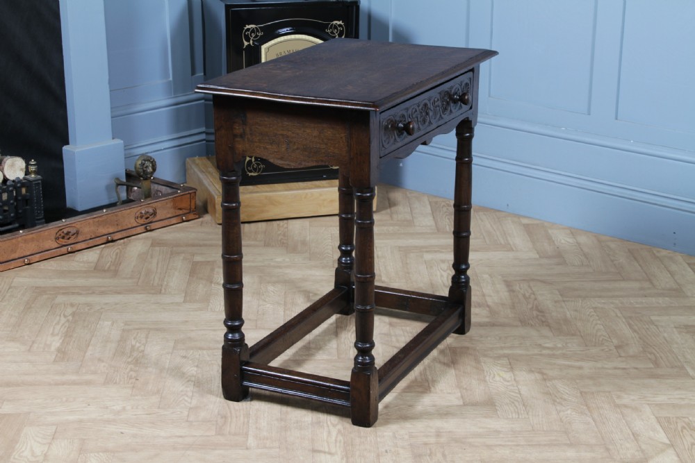 Antique 19th Century Solid Oak Jacobean Revival Side Hall Table Carved W/ Drawer View VI