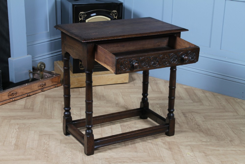 Antique 19th Century Solid Oak Jacobean Revival Side Hall Table Carved W/ Drawer View VII