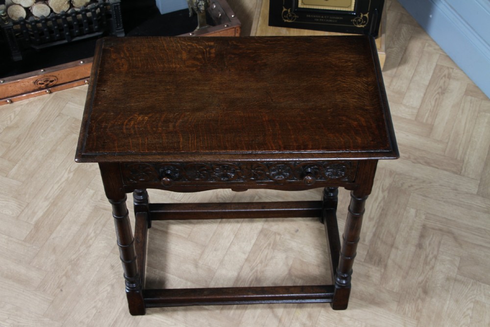 Antique 19th Century Solid Oak Jacobean Revival Side Hall Table Carved W/ Drawer View IX