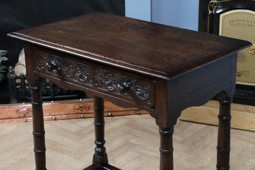 Antique 19th Century Solid Oak Jacobean Revival Side Hall Table Carved W/ Drawer View XI