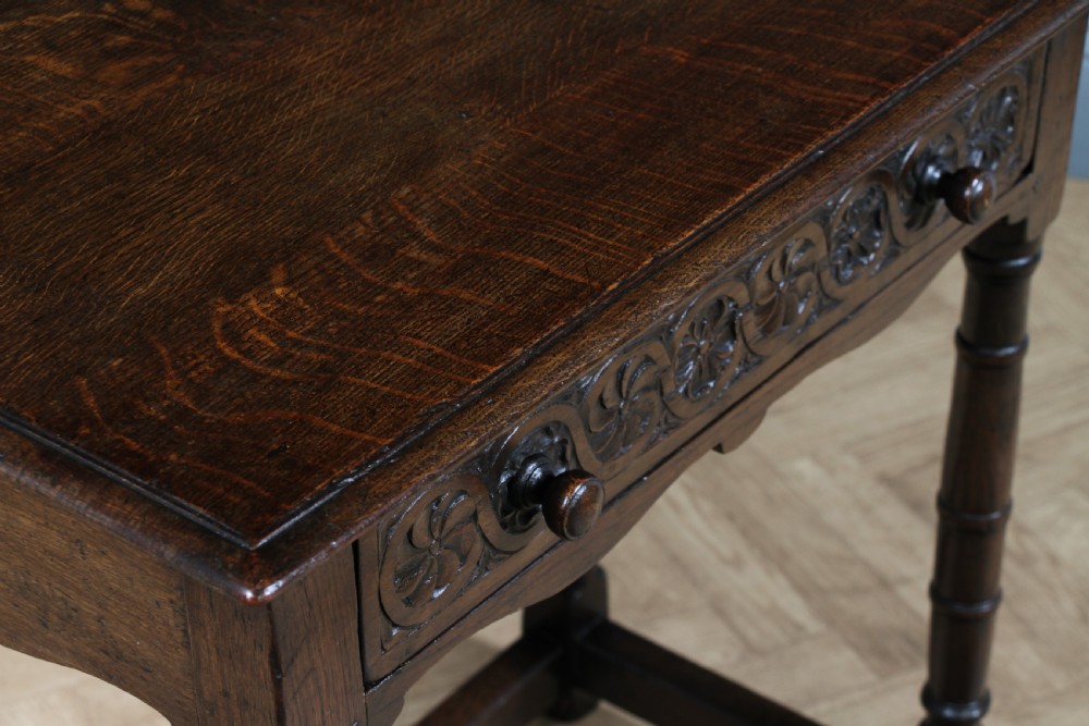 Antique 19th Century Solid Oak Jacobean Revival Side Hall Table Carved W/ Drawer View XII