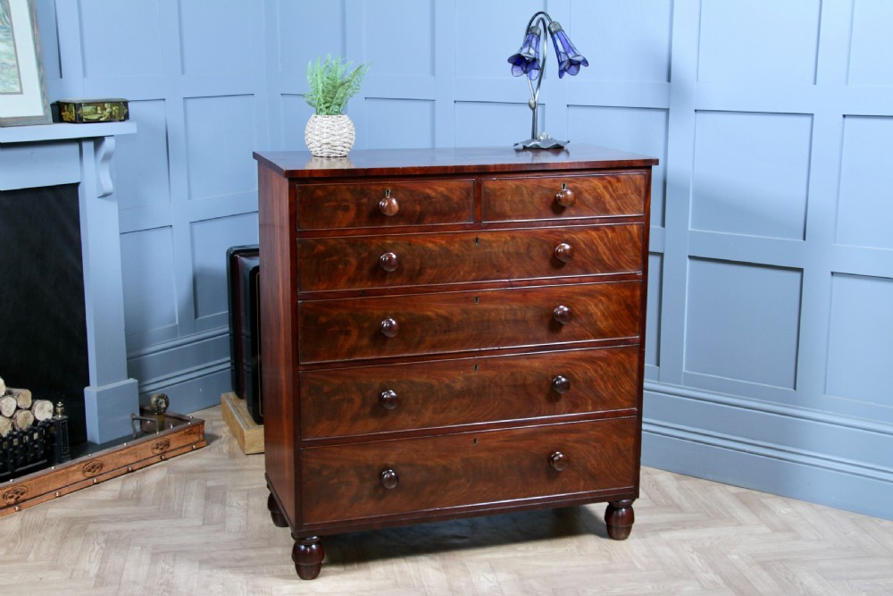 Original Antique Early Victorian Flame Grain Mahogany Chest Bank of 6 Drawers