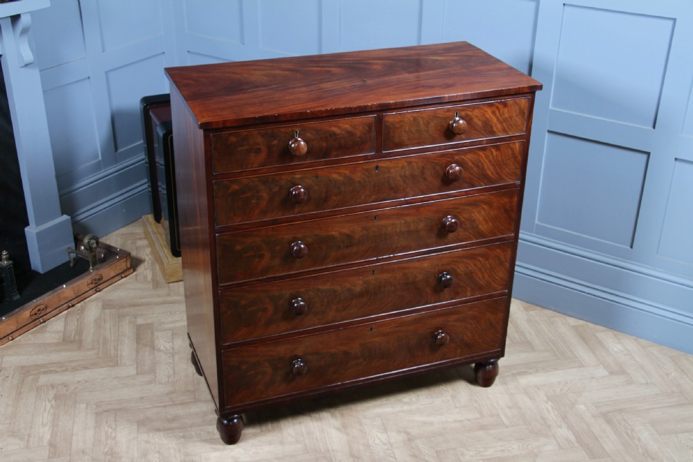 Original Antique Early Victorian Flame Grain Mahogany Chest Bank of 6 Drawers View III