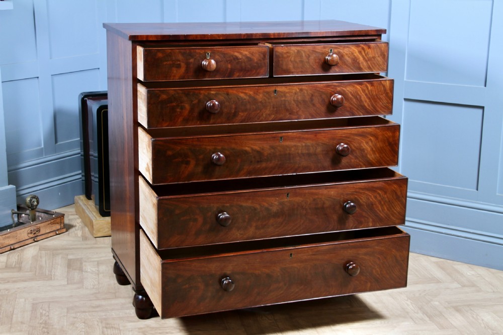 Original Antique Early Victorian Flame Grain Mahogany Chest Bank of 6 Drawers View IV