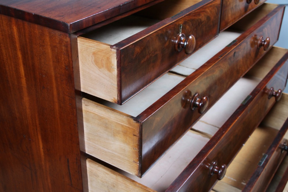 Original Antique Early Victorian Flame Grain Mahogany Chest Bank of 6 Drawers View V