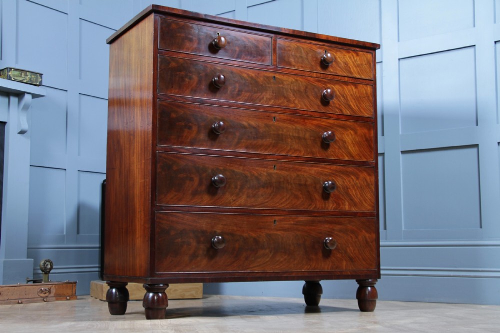 Original Antique Early Victorian Flame Grain Mahogany Chest Bank of 6 Drawers View VI