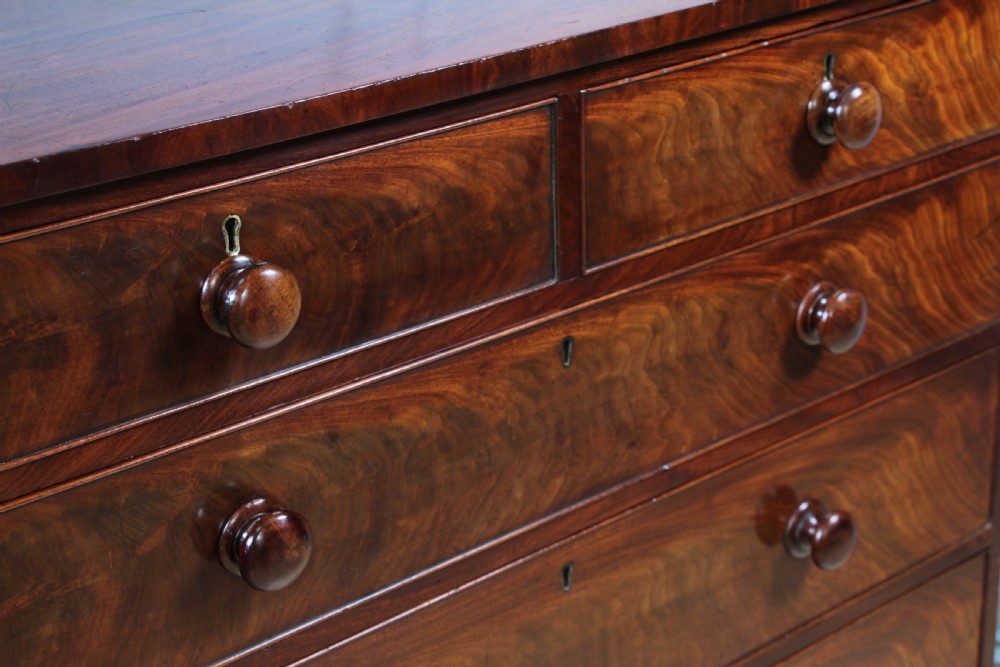 Original Antique Early Victorian Flame Grain Mahogany Chest Bank of 6 Drawers View VII