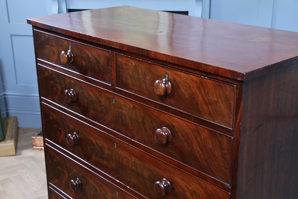 Original Antique Early Victorian Flame Grain Mahogany Chest Bank of 6 Drawers View VIII