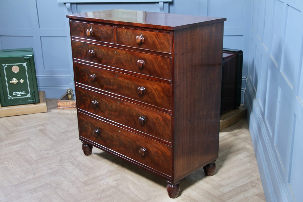 Original Antique Early Victorian Flame Grain Mahogany Chest Bank of 6 Drawers View IX