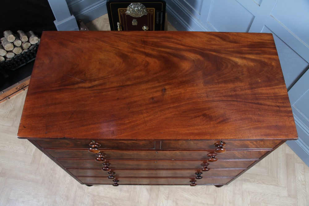 Original Antique Early Victorian Flame Grain Mahogany Chest Bank of 6 Drawers View X